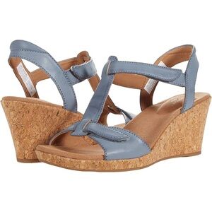 Rockport Women's Blue & Tan Wedged Sandals w/ Ankle Strap Preowned Size 8